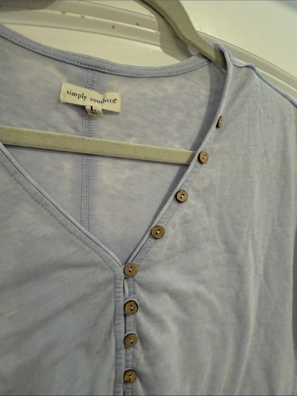 Simply Southern Lavender V-Neck Henley with Wood Buttons